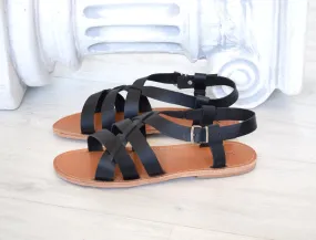 Ancient Greek sandals, Spartan leather sole sandals, handmade sandals, astir sandals, Roman sandals, Genuine Leather, Black sandals. LEROS