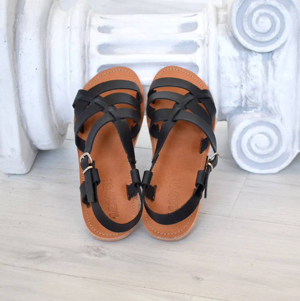 Ancient Greek sandals, Spartan leather sole sandals, handmade sandals, astir sandals, Roman sandals, Genuine Leather, Black sandals. LEROS