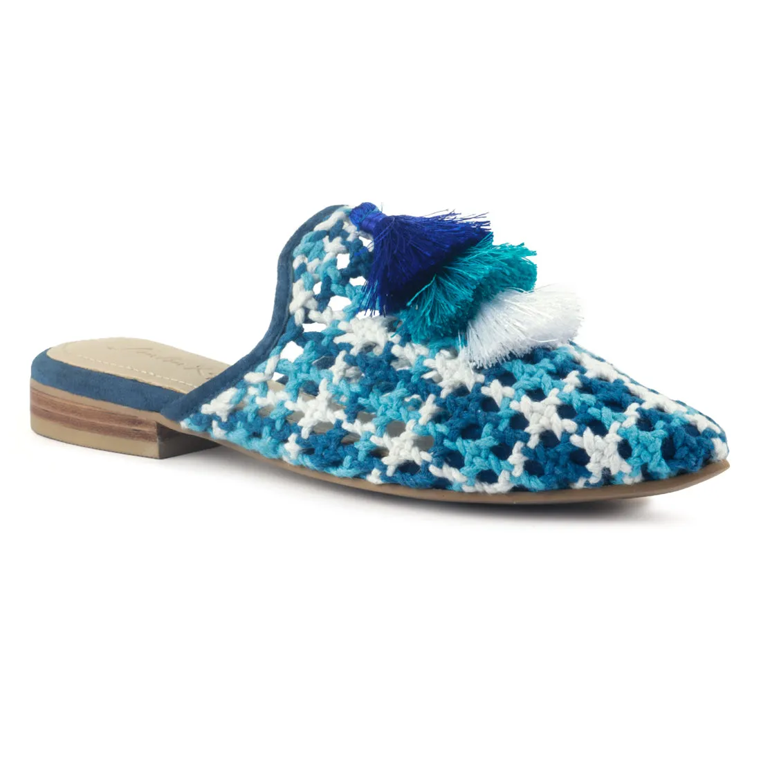 Blue Woven Flat Mules With Tassels
