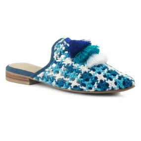 Blue Woven Flat Mules With Tassels
