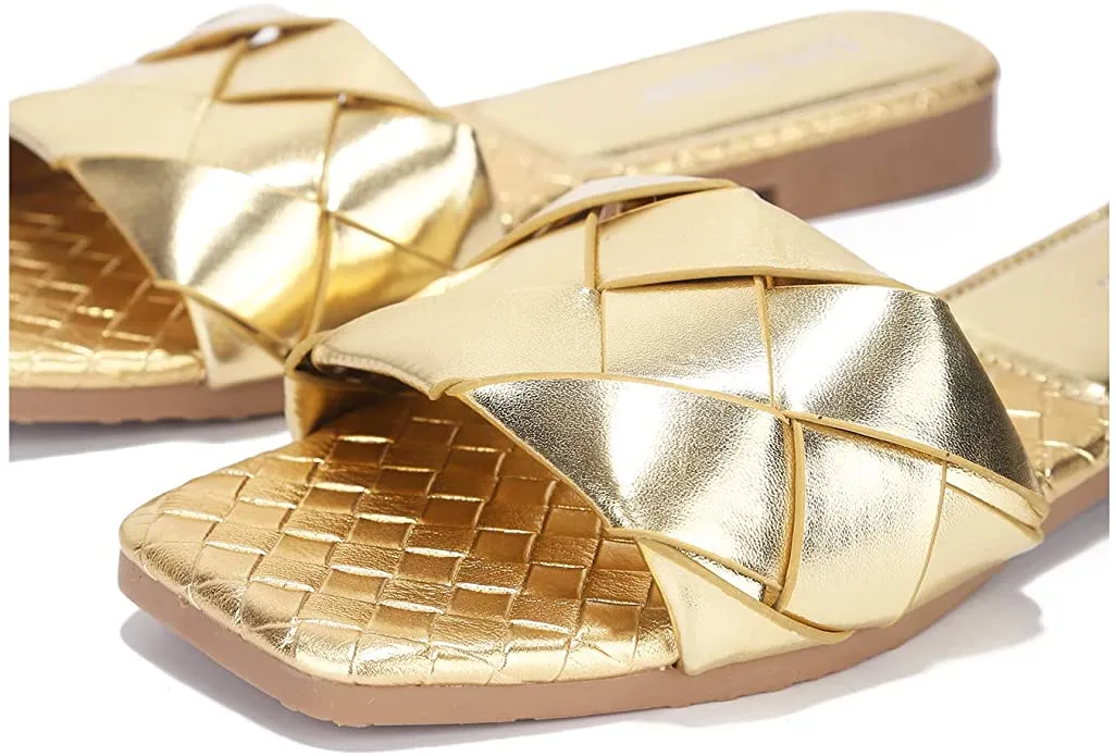 Cape Robbin Deja Woven Mules Slip On Flat Slides Sandals Gold (8, GOLD)