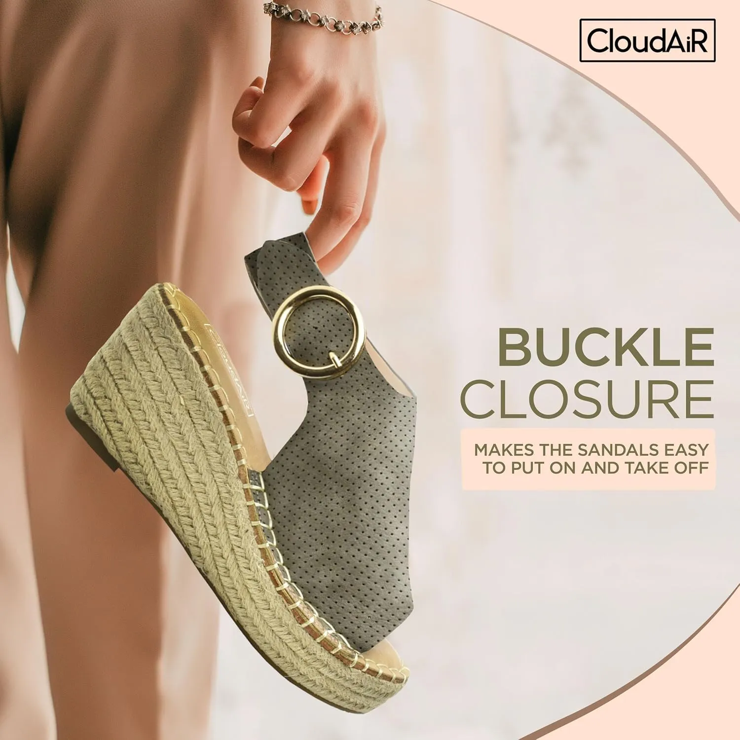 CLOUDAIR Selina Women's Espadrille Wedge Sandals - Comfortable and Stylish Platform Slip On Sandals with Buckle Closure, Comfy Wedge Heels for Women, Fashion Summer Sandals