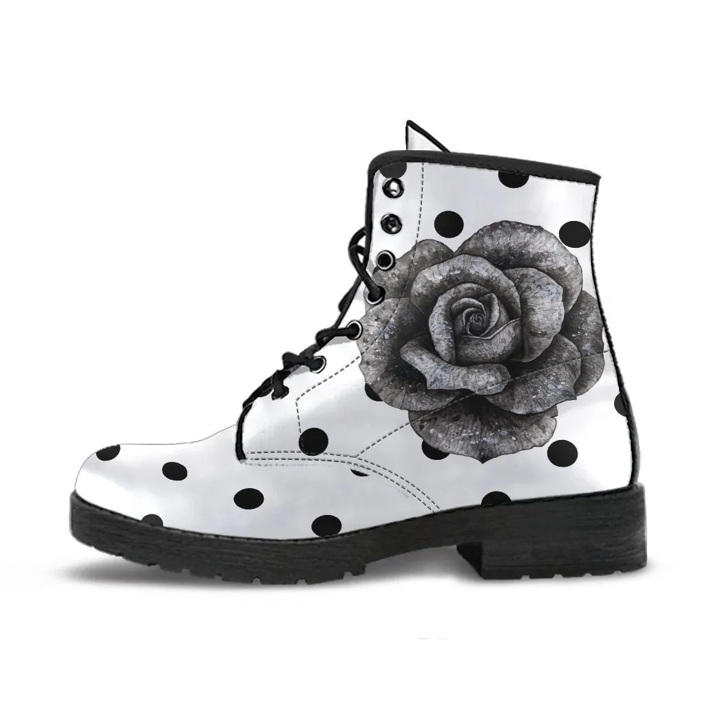Combat Boots - Classic Rose Polka Dots | Boho Shoes, Handmade Lace Up Boots, Vegan Leather Lace Up Boots Women, Vegan Shoes, Sorority Shoes