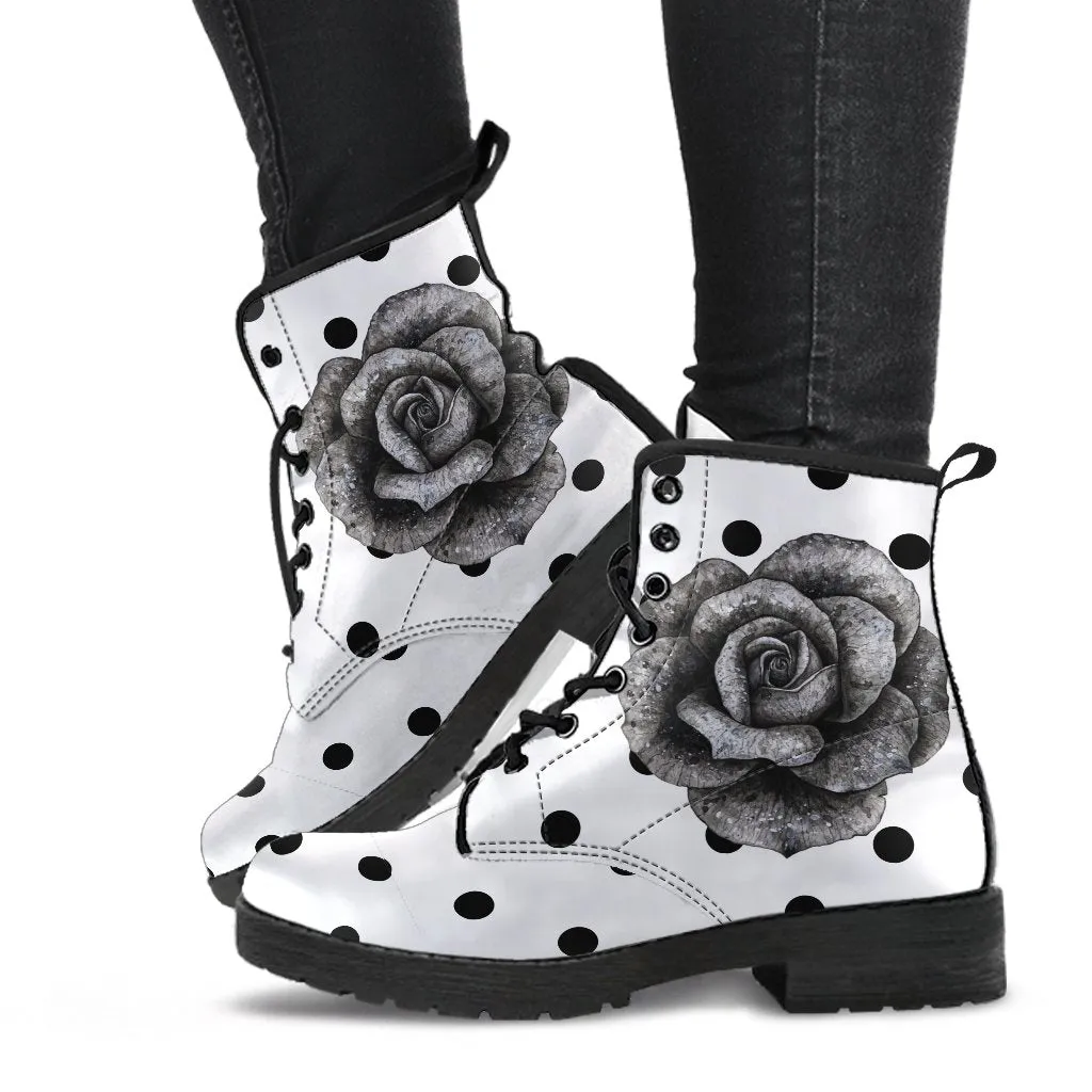 Combat Boots - Classic Rose Polka Dots | Boho Shoes, Handmade Lace Up Boots, Vegan Leather Lace Up Boots Women, Vegan Shoes, Sorority Shoes