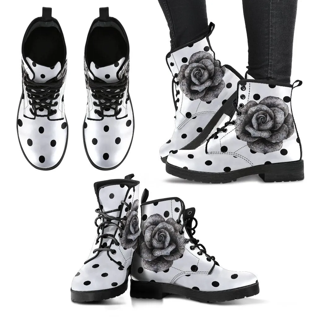Combat Boots - Classic Rose Polka Dots | Boho Shoes, Handmade Lace Up Boots, Vegan Leather Lace Up Boots Women, Vegan Shoes, Sorority Shoes