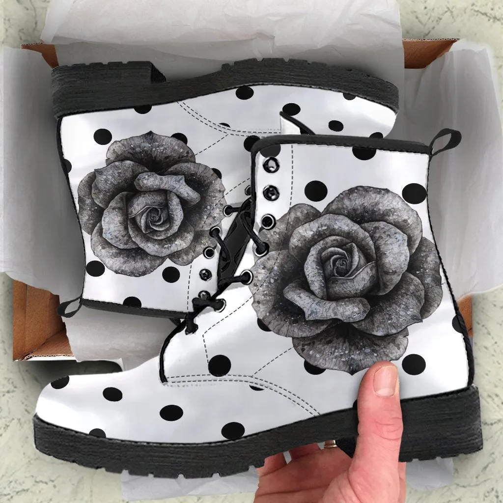 Combat Boots - Classic Rose Polka Dots | Boho Shoes, Handmade Lace Up Boots, Vegan Leather Lace Up Boots Women, Vegan Shoes, Sorority Shoes