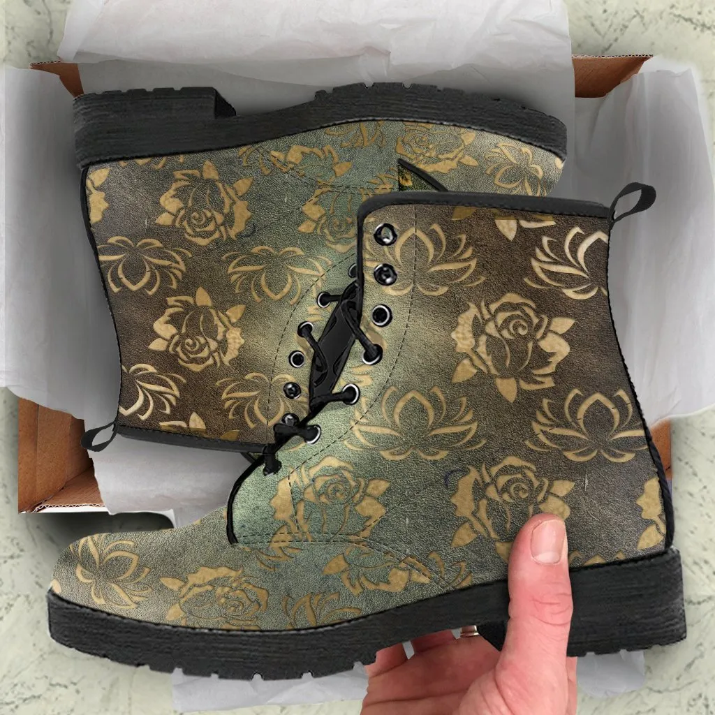 Combat Boots - Rugged Look Roses & Lotus | Custom Shoes, Women's Boots, Vegan Shoes, Vegan Leather, Hippie Boots, 90s Boots, 2000s Boots