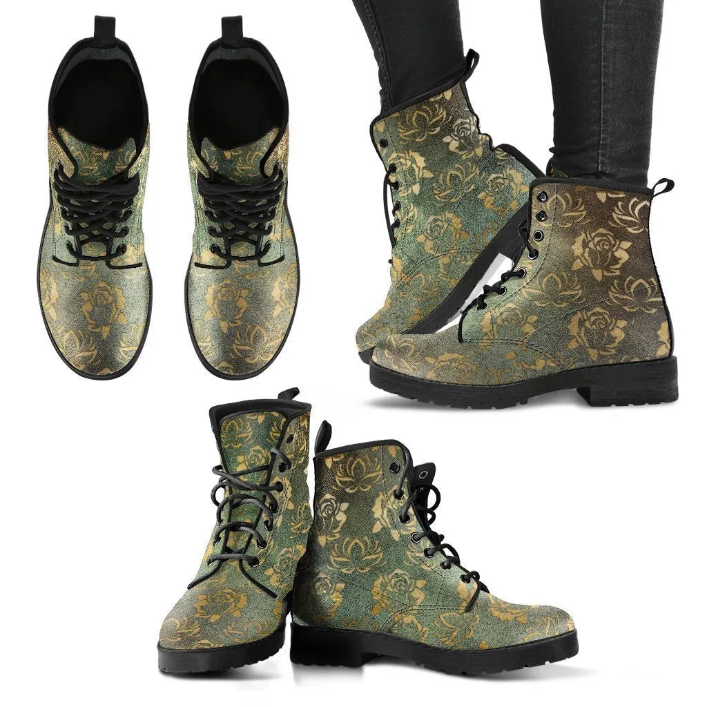 Combat Boots - Rugged Look Roses & Lotus | Custom Shoes, Women's Boots, Vegan Shoes, Vegan Leather, Hippie Boots, 90s Boots, 2000s Boots