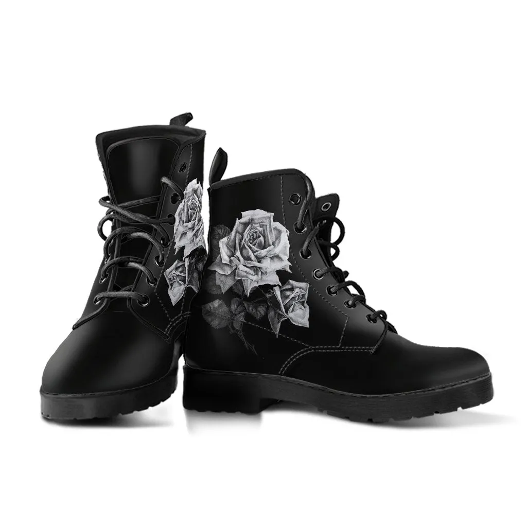 Combat Boots - Vintage Roses in Black & White | Women's Black Hipster Boots, Vegan Leather Boots