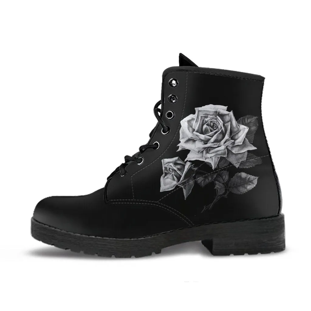 Combat Boots - Vintage Roses in Black & White | Women's Black Hipster Boots, Vegan Leather Boots