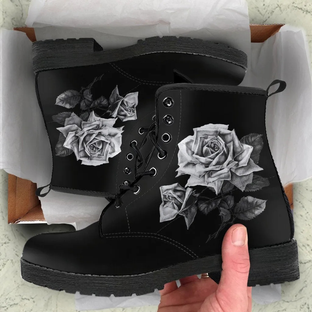 Combat Boots - Vintage Roses in Black & White | Women's Black Hipster Boots, Vegan Leather Boots