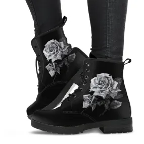 Combat Boots - Vintage Roses in Black & White | Women's Black Hipster Boots, Vegan Leather Boots
