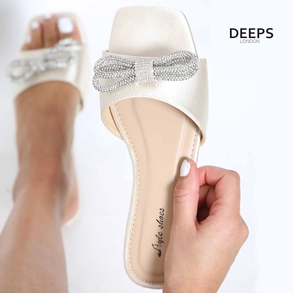 EMANI - WOMEN'S SATIN FLAT FORM SLIDERS WITH DIAMANTE BOW BLACK