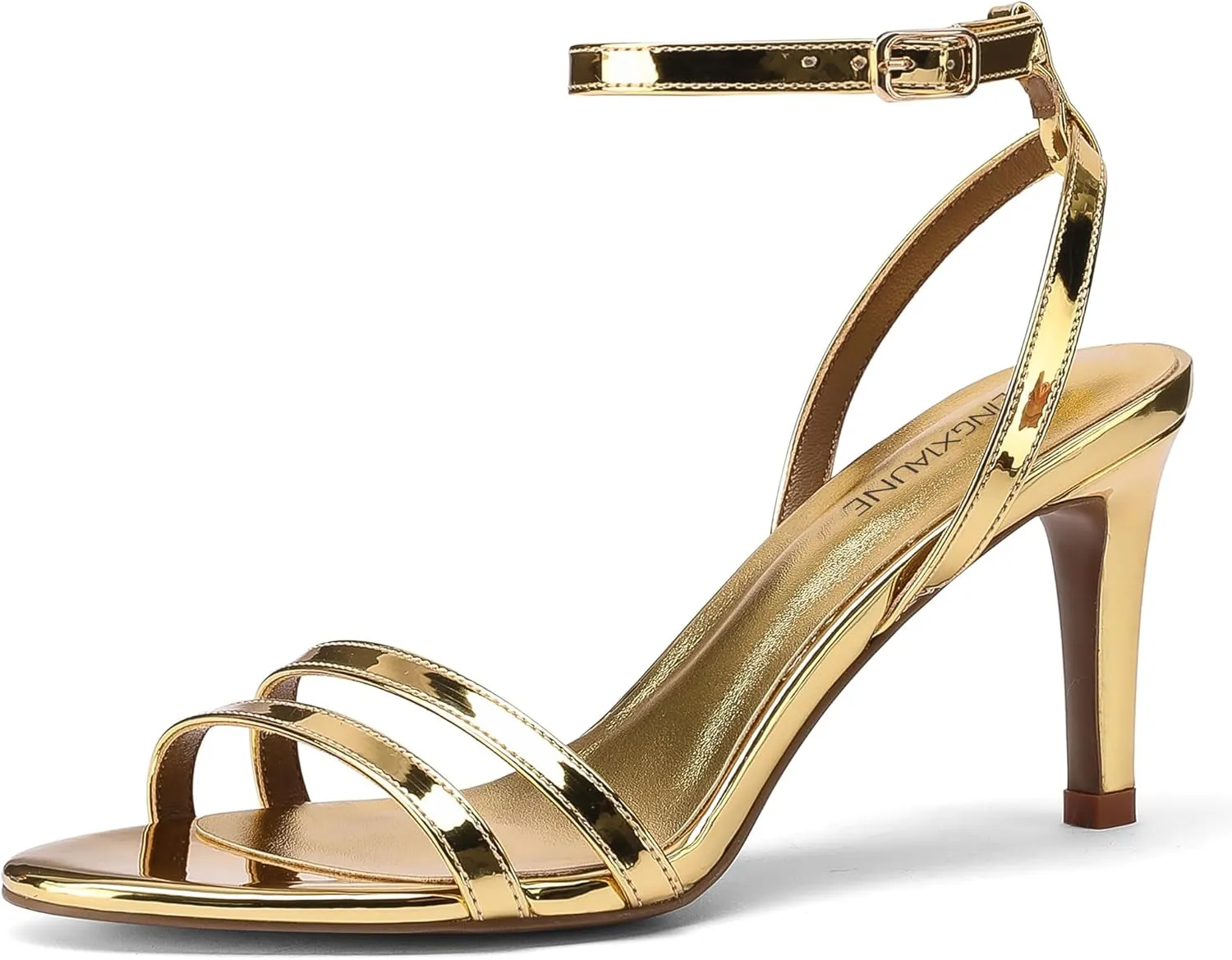 LingxiaUne Gold Heels for Women Strappy Heels With Sexy Open Toe Square Stiletto Heel Sandals Fashionable Elegant Size 7.5