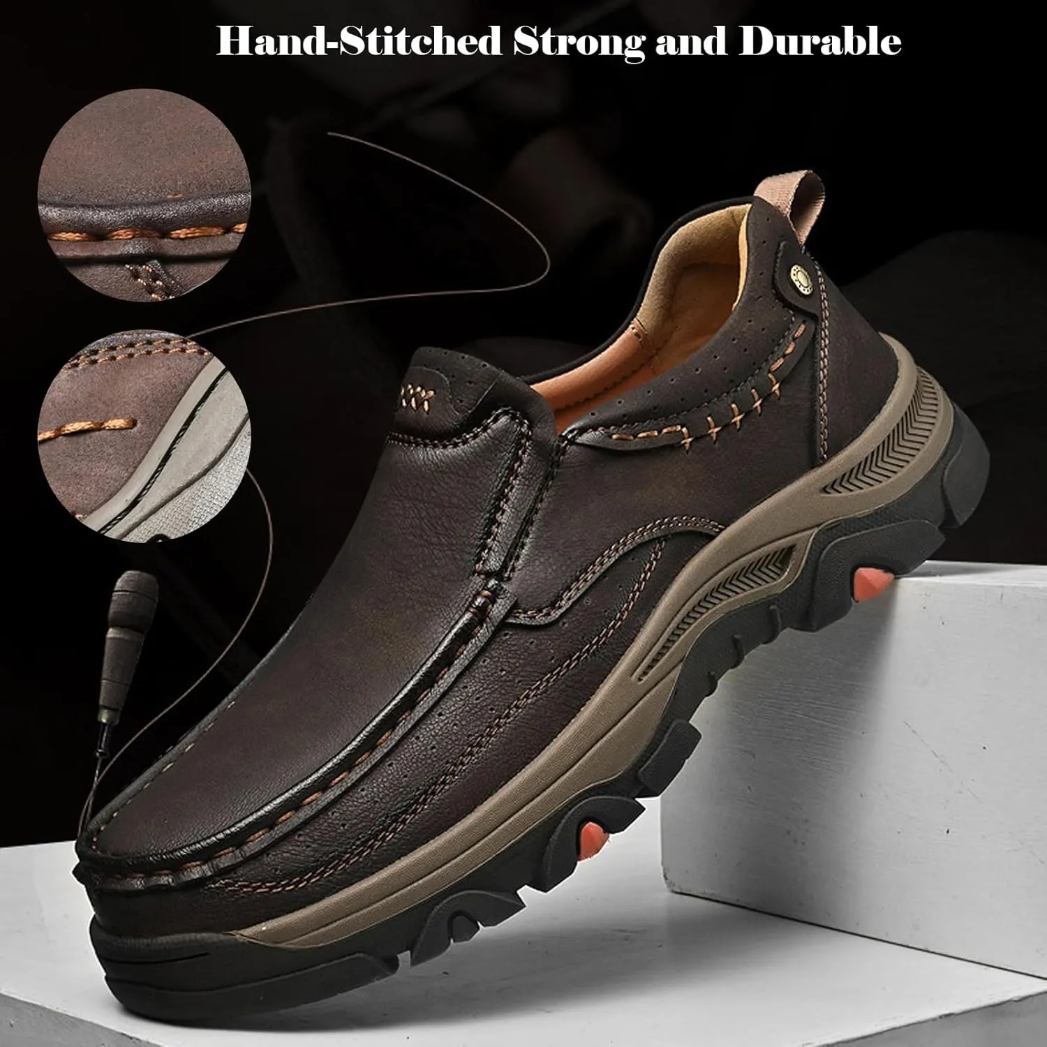 Mens Slip on Leather Loafers, Casual Walking Shoes, Comfortable Sneakers, Outdoor Waterproof Breathable Hiking Shoes