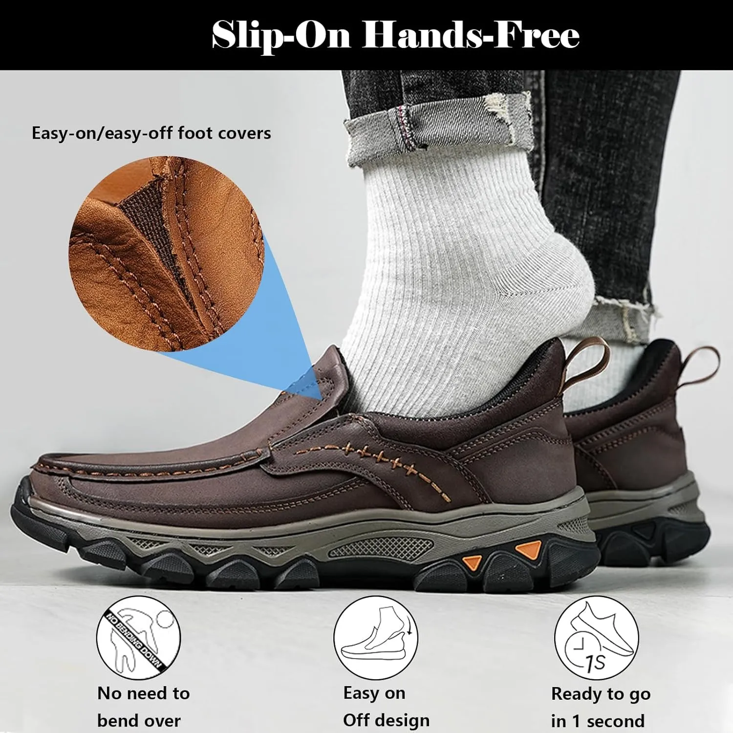 Mens Slip on Leather Loafers, Casual Walking Shoes, Comfortable Sneakers, Outdoor Waterproof Breathable Hiking Shoes