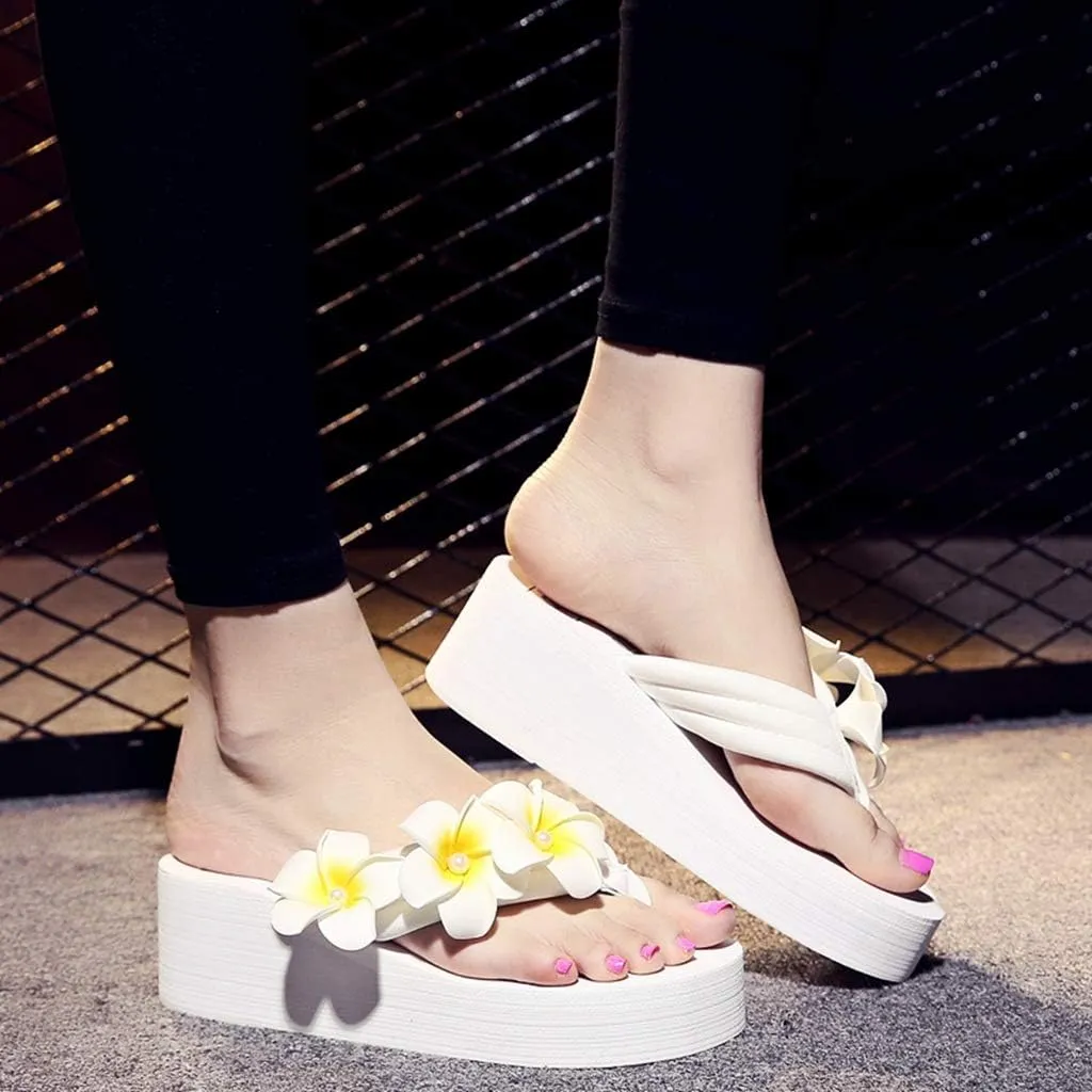 MIOKE Women's Boho Flowers Wedge Flipflops Sandals Summer Comfort Platform Anti-Slip Beach Thong Sandals