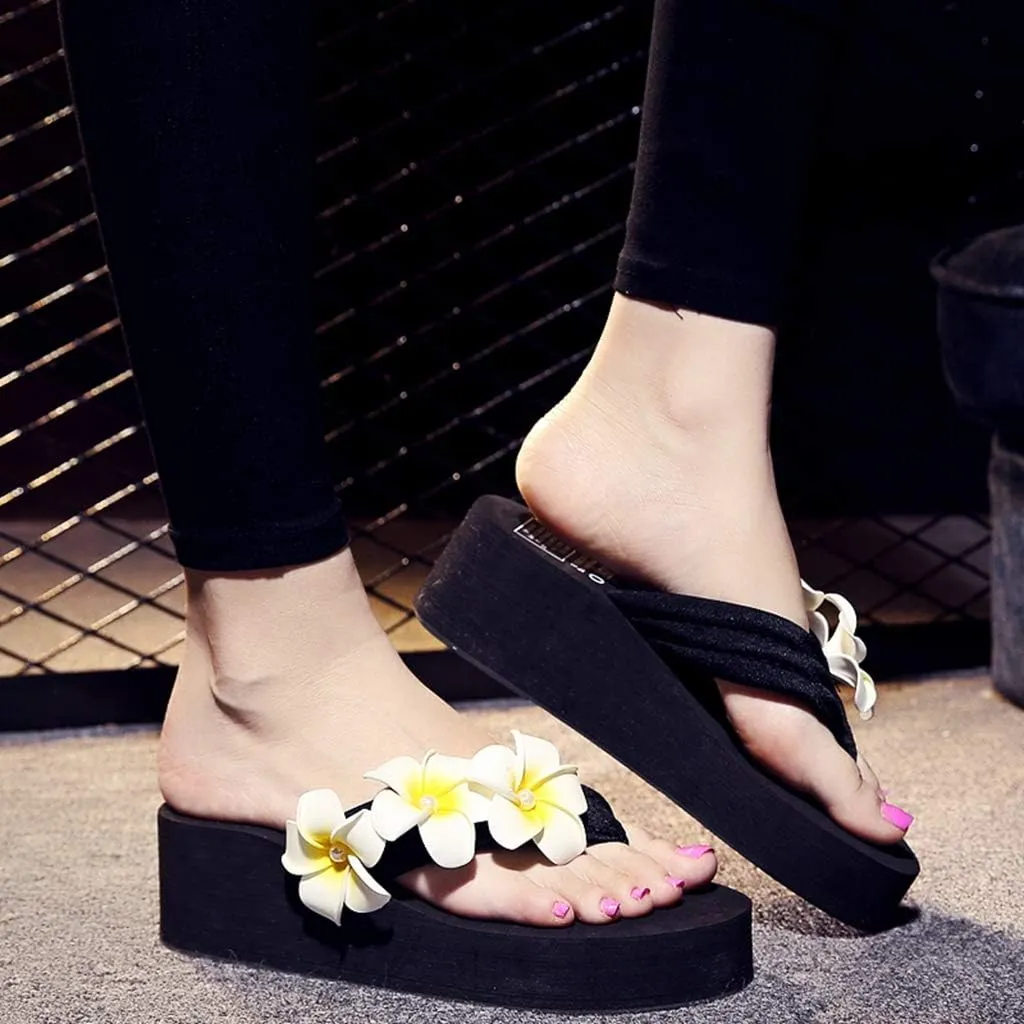 MIOKE Women's Boho Flowers Wedge Flipflops Sandals Summer Comfort Platform Anti-Slip Beach Thong Sandals