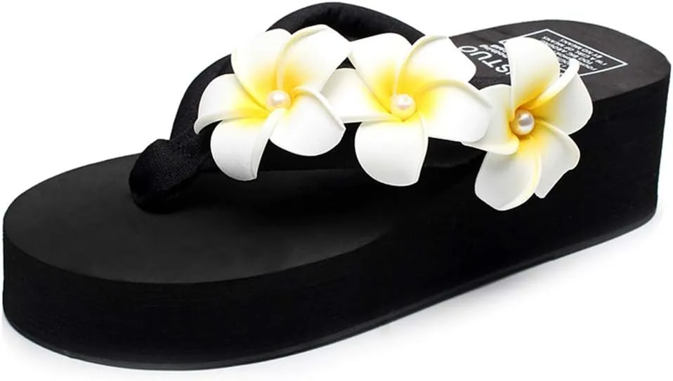 MIOKE Women's Boho Flowers Wedge Flipflops Sandals Summer Comfort Platform Anti-Slip Beach Thong Sandals