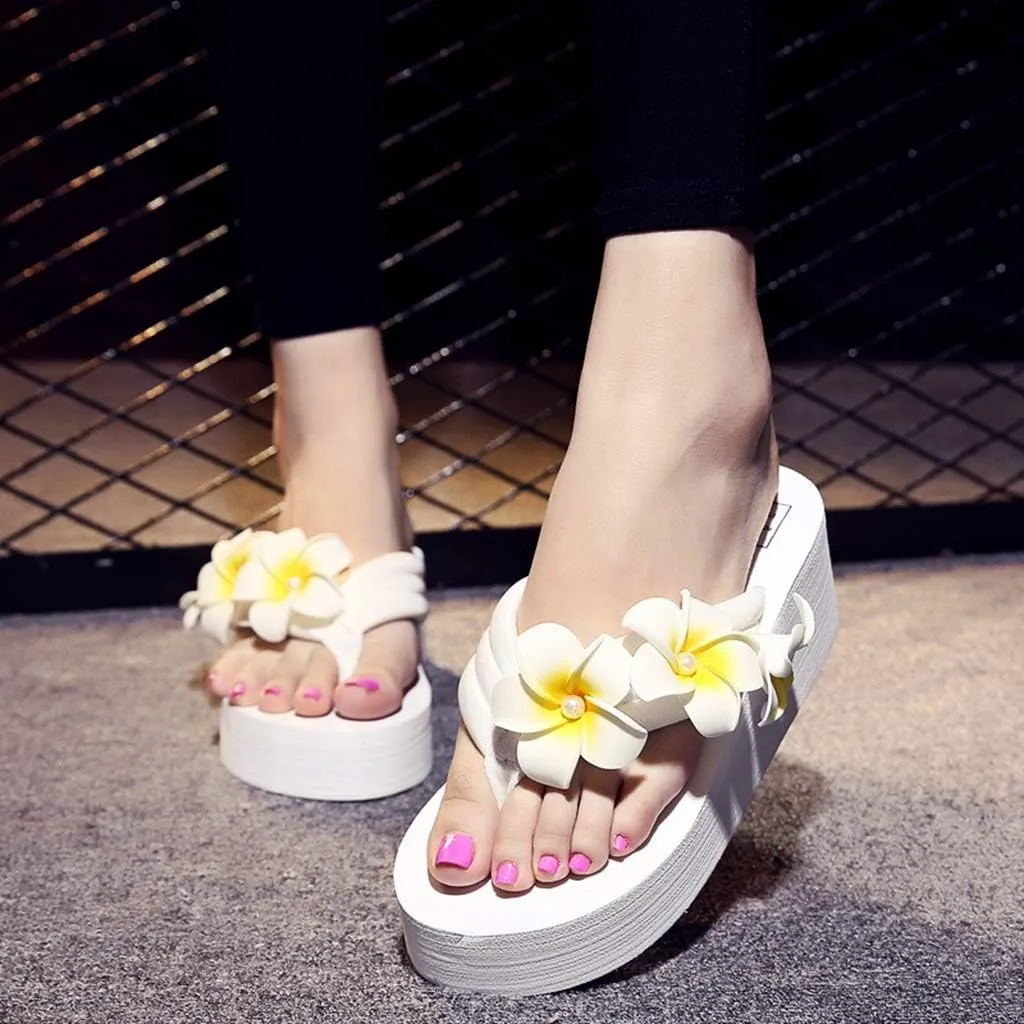 MIOKE Women's Boho Flowers Wedge Flipflops Sandals Summer Comfort Platform Anti-Slip Beach Thong Sandals