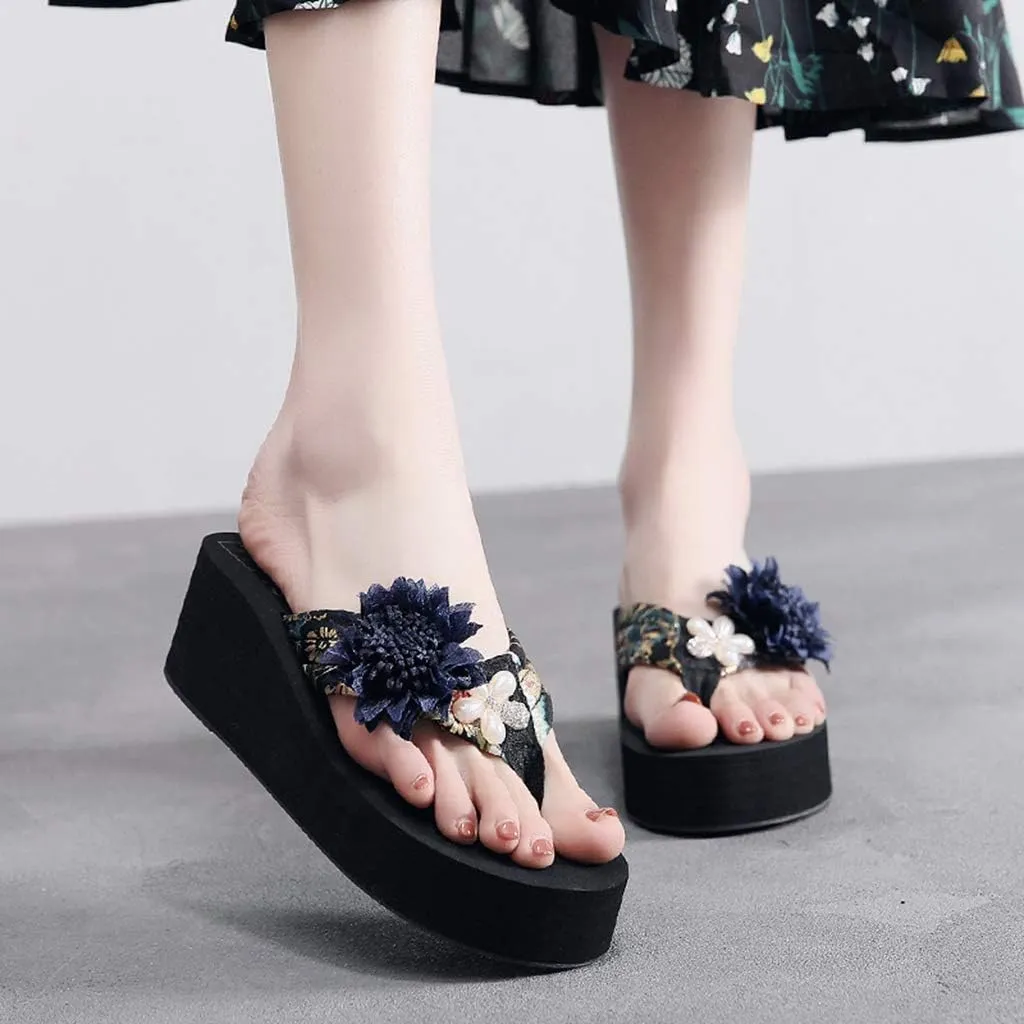 MIOKE Women's Flower Wedge High Heel Flipflops Summer Platform Comfort Anti-slip EVA Beach Thong Sandals