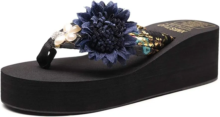 MIOKE Women's Flower Wedge High Heel Flipflops Summer Platform Comfort Anti-slip EVA Beach Thong Sandals