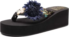 MIOKE Women's Flower Wedge High Heel Flipflops Summer Platform Comfort Anti-slip EVA Beach Thong Sandals