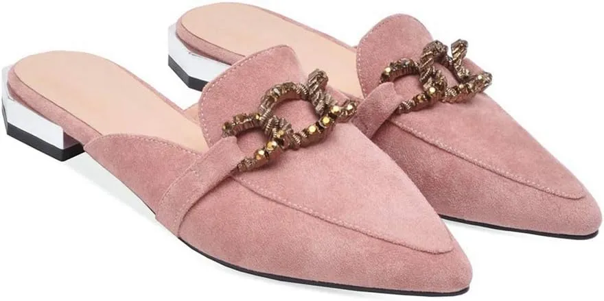 MIOKE Women's Pointed Toe Buckle Mules Flat Slip On Backless Loafer Comfort Low Heel Dress Slipper Shoes
