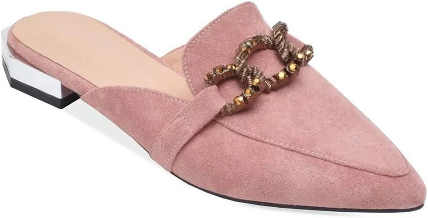 MIOKE Women's Pointed Toe Buckle Mules Flat Slip On Backless Loafer Comfort Low Heel Dress Slipper Shoes