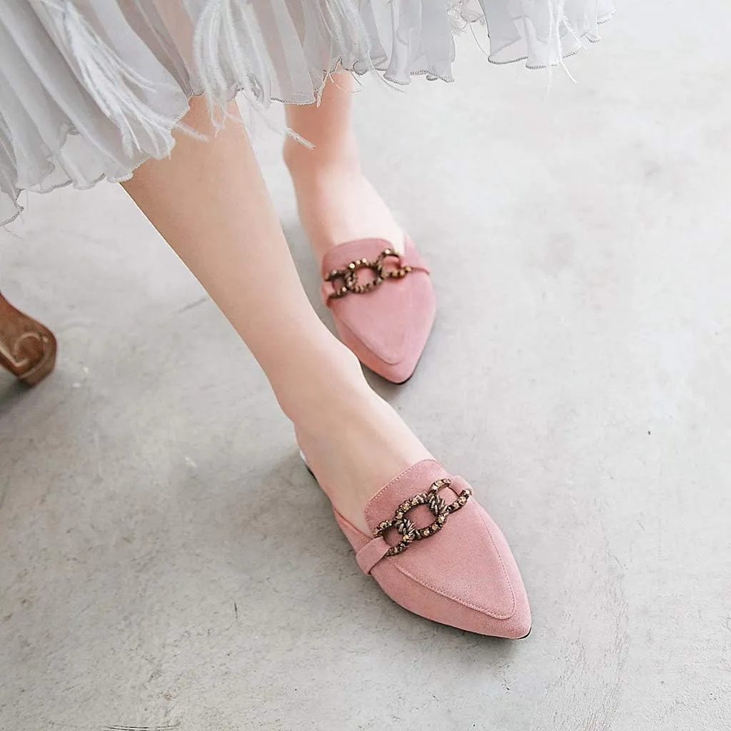 MIOKE Women's Pointed Toe Buckle Mules Flat Slip On Backless Loafer Comfort Low Heel Dress Slipper Shoes