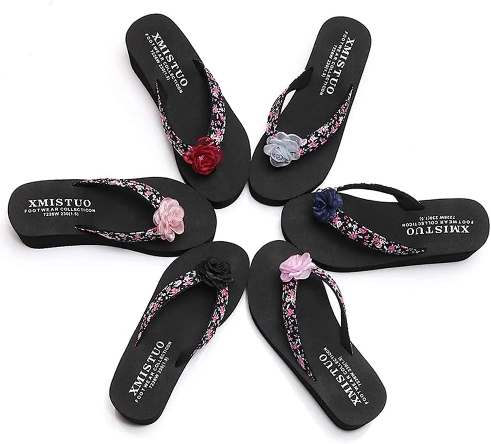 MIOKE Women's Wedge High Heel Flipflops Sandals Boho Flower Anti-Slip Platform Summer Beach Thong Sandals