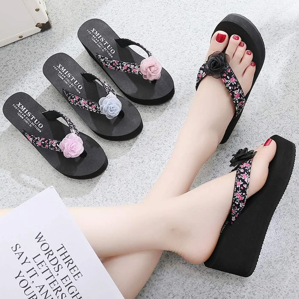 MIOKE Women's Wedge High Heel Flipflops Sandals Boho Flower Anti-Slip Platform Summer Beach Thong Sandals