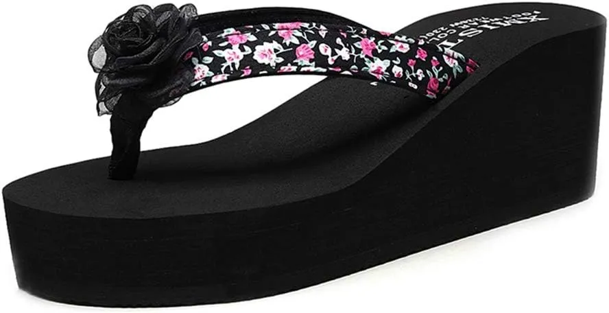 MIOKE Women's Wedge High Heel Flipflops Sandals Boho Flower Anti-Slip Platform Summer Beach Thong Sandals