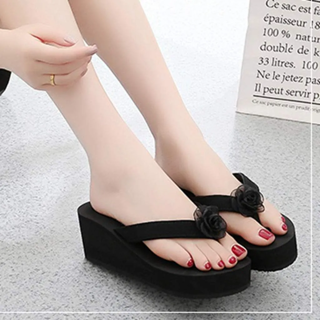 MIOKE Women's Wedge High Heel Flipflops Sandals Boho Flower Anti-Slip Platform Summer Beach Thong Sandals