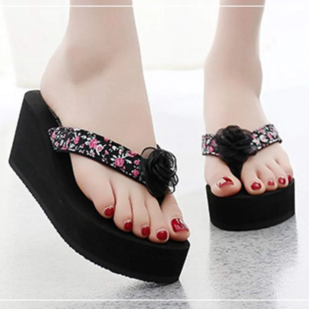 MIOKE Women's Wedge High Heel Flipflops Sandals Boho Flower Anti-Slip Platform Summer Beach Thong Sandals