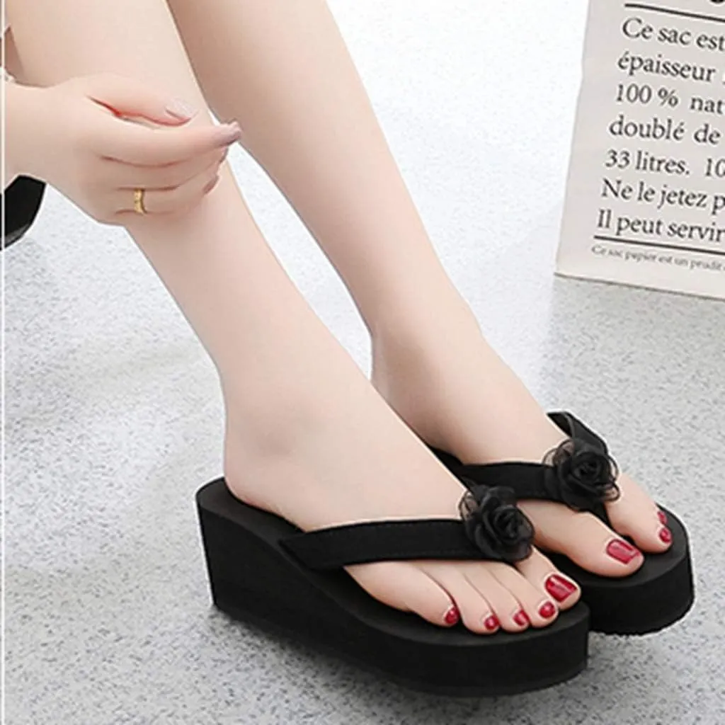MIOKE Women's Wedge High Heel Flipflops Sandals Boho Flower Anti-Slip Platform Summer Beach Thong Sandals