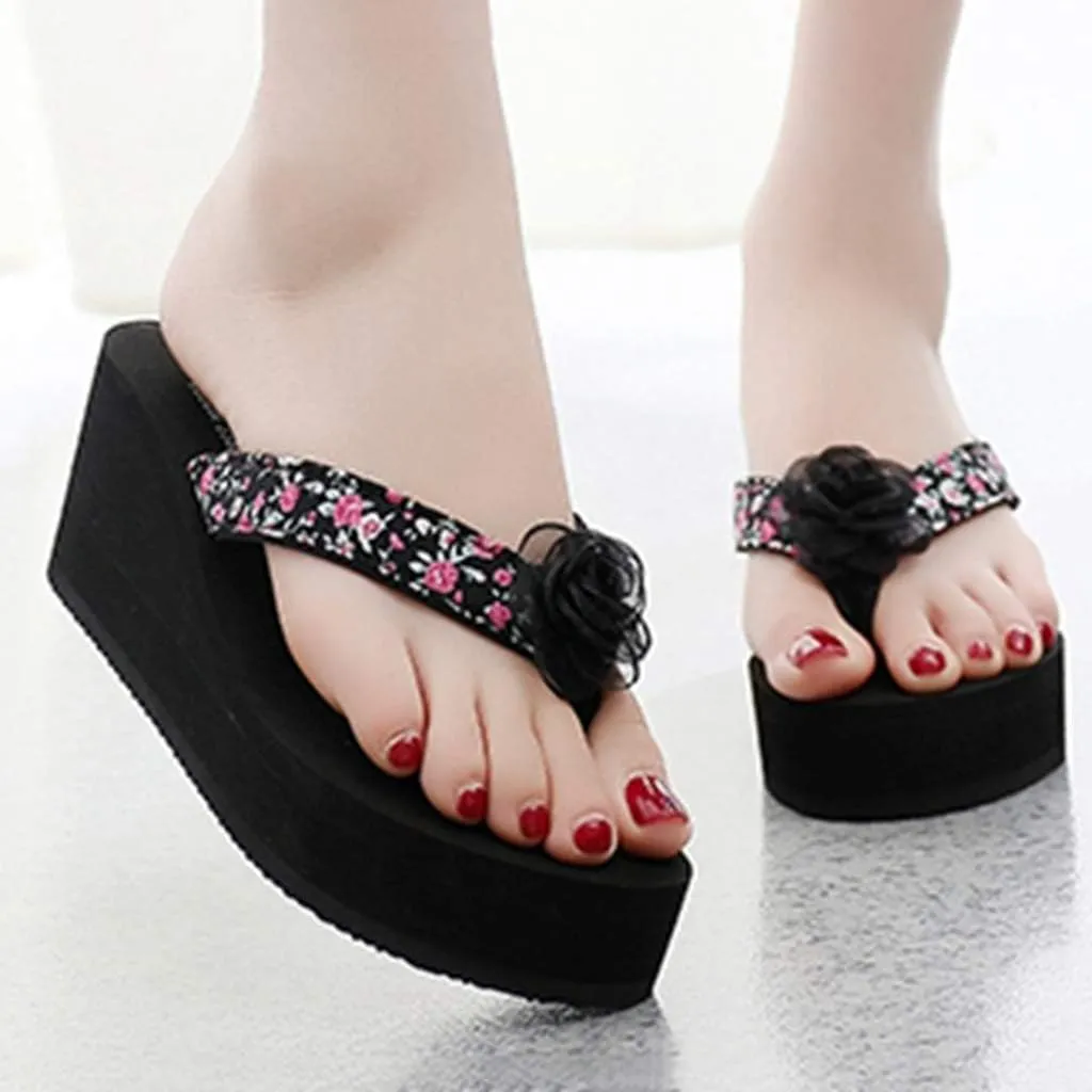 MIOKE Women's Wedge High Heel Flipflops Sandals Boho Flower Anti-Slip Platform Summer Beach Thong Sandals