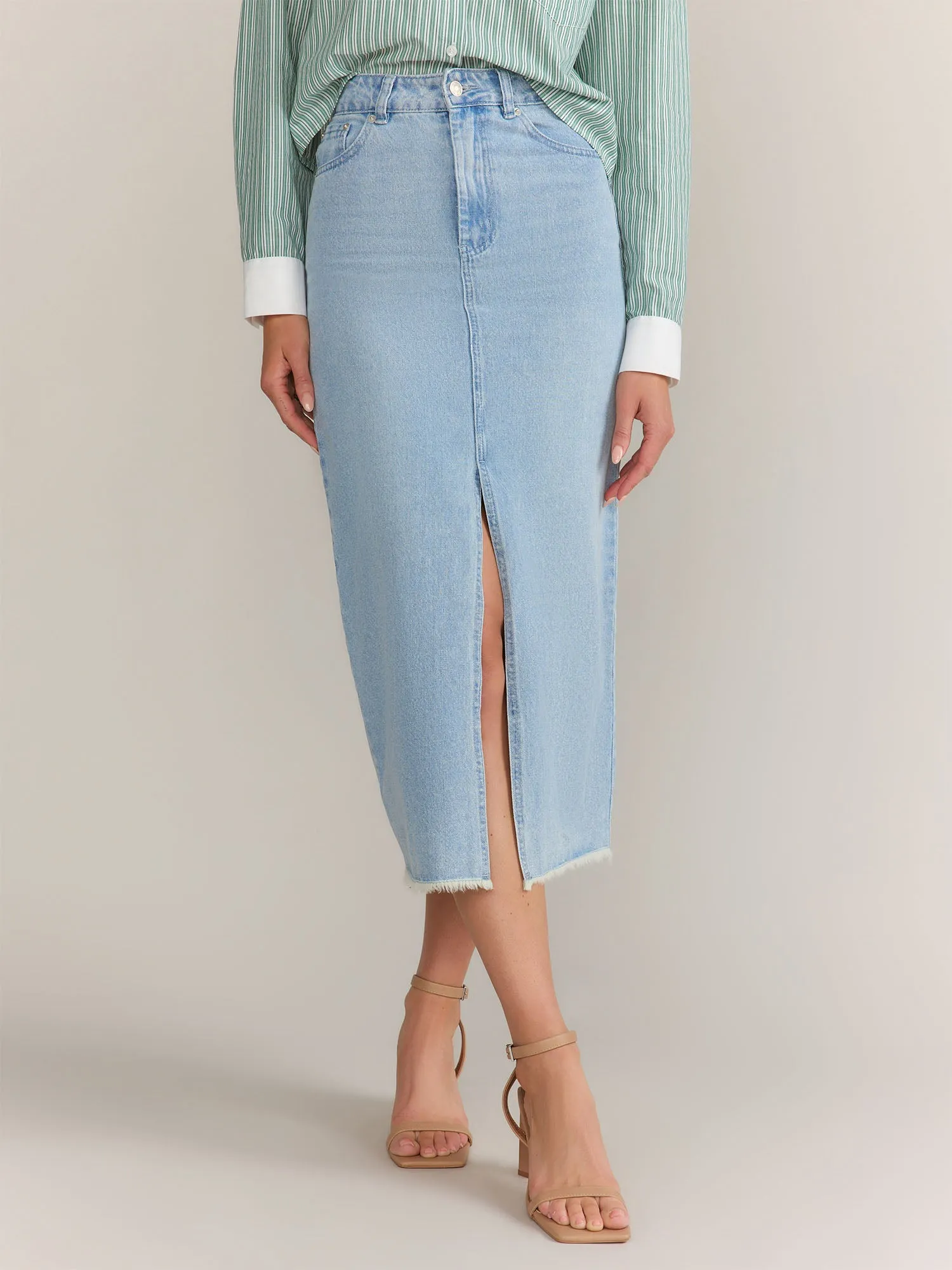 Mustard Seed Front Slit Frayed Hem Denim Skirt - Brands We Love