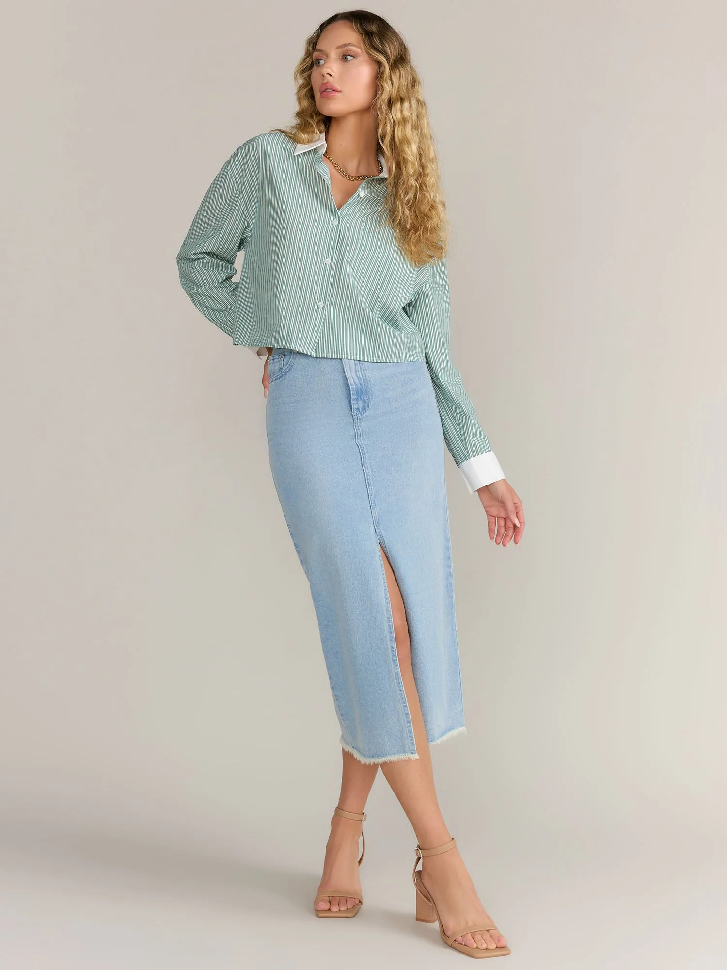 Mustard Seed Front Slit Frayed Hem Denim Skirt - Brands We Love