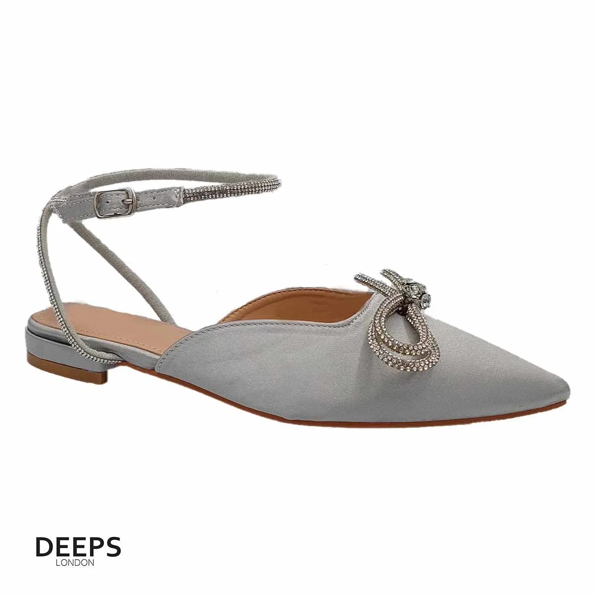 SIKA SATIN FLAT MULE WITH DIAMANTE BOW DETAIL AND WRAP AROUND STRAP FLAT SANDALS