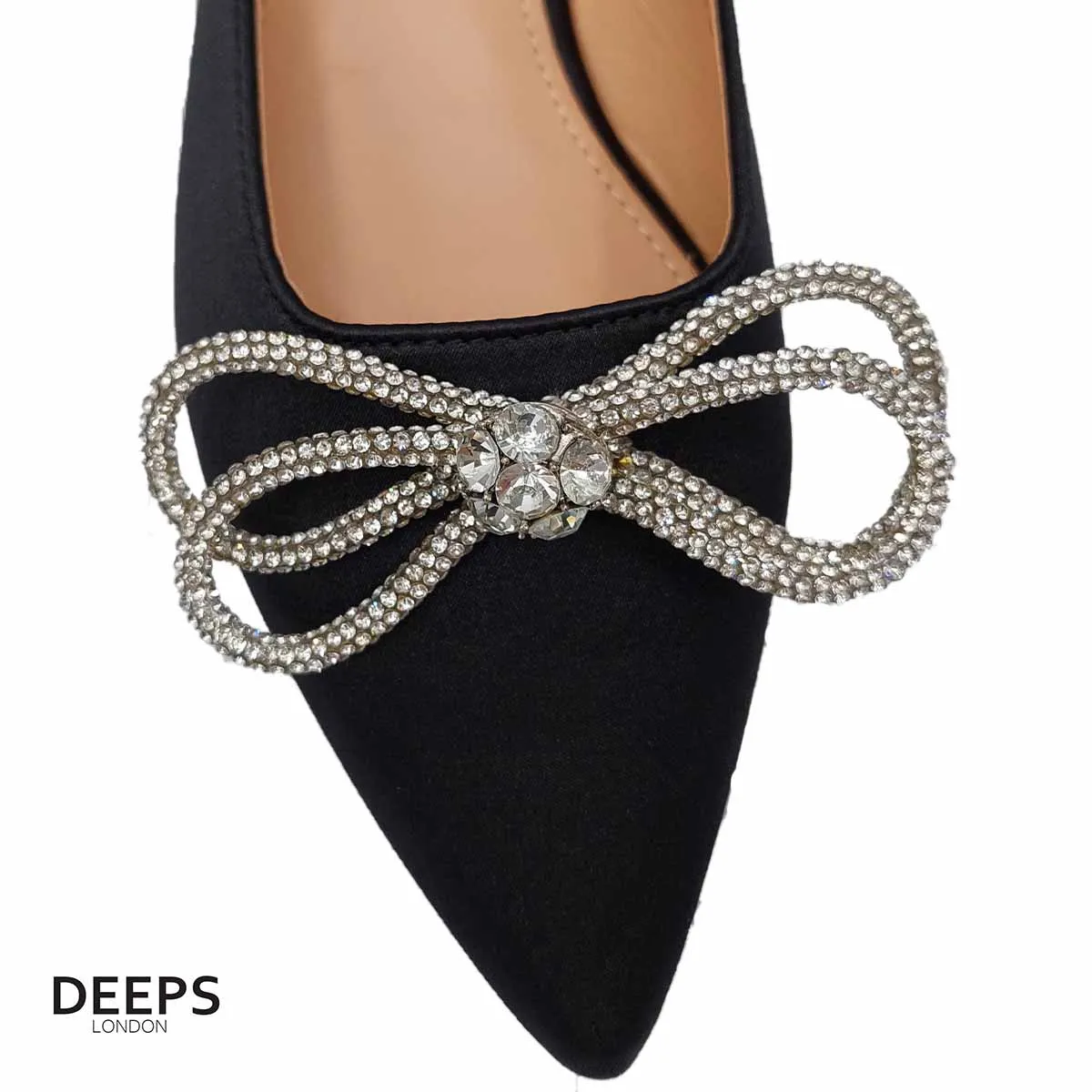 SIKA SATIN FLAT MULE WITH DIAMANTE BOW DETAIL AND WRAP AROUND STRAP FLAT SANDALS