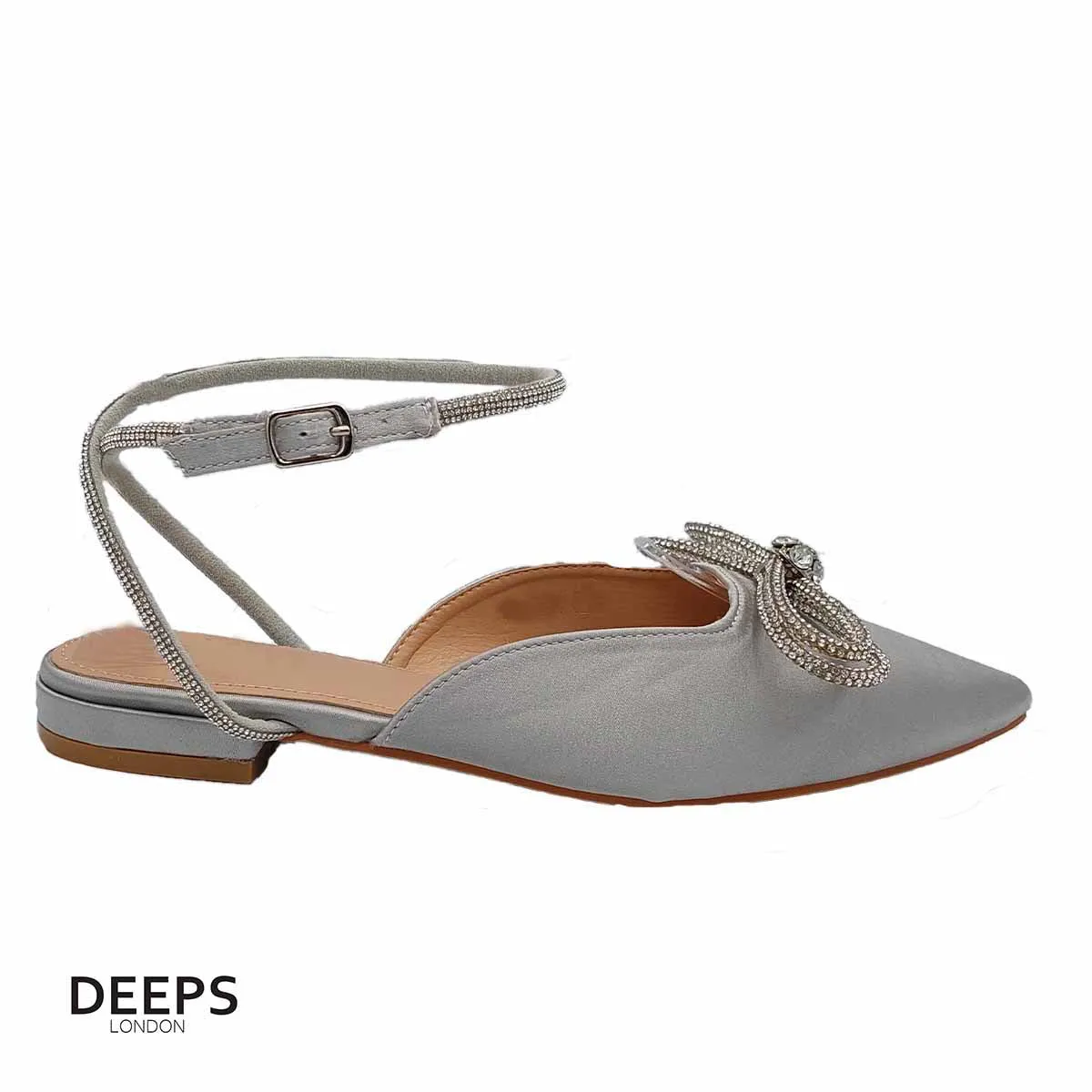 SIKA SATIN FLAT MULE WITH DIAMANTE BOW DETAIL AND WRAP AROUND STRAP FLAT SANDALS