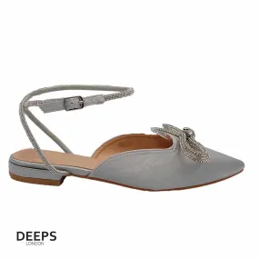SIKA SATIN FLAT MULE WITH DIAMANTE BOW DETAIL AND WRAP AROUND STRAP FLAT SANDALS