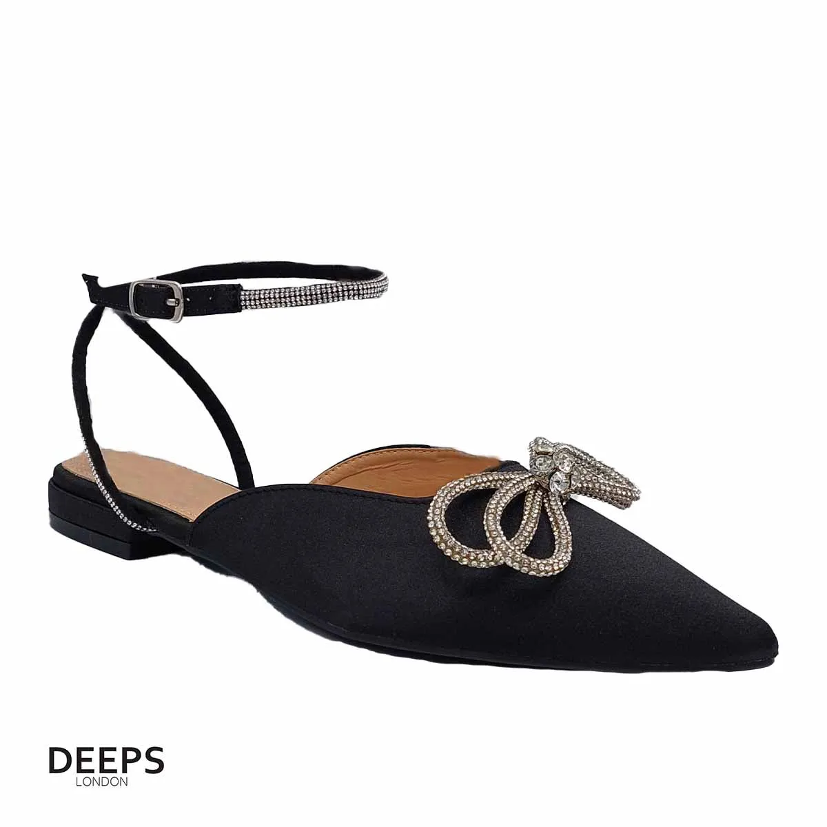SIKA SATIN FLAT MULE WITH DIAMANTE BOW DETAIL AND WRAP AROUND STRAP FLAT SANDALS
