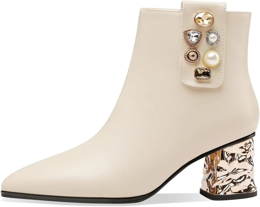 TinaCus Women's Pointed Toe Handmade Zipper Mid Chunky Heels Elegant Ankle Boots with Jewelry