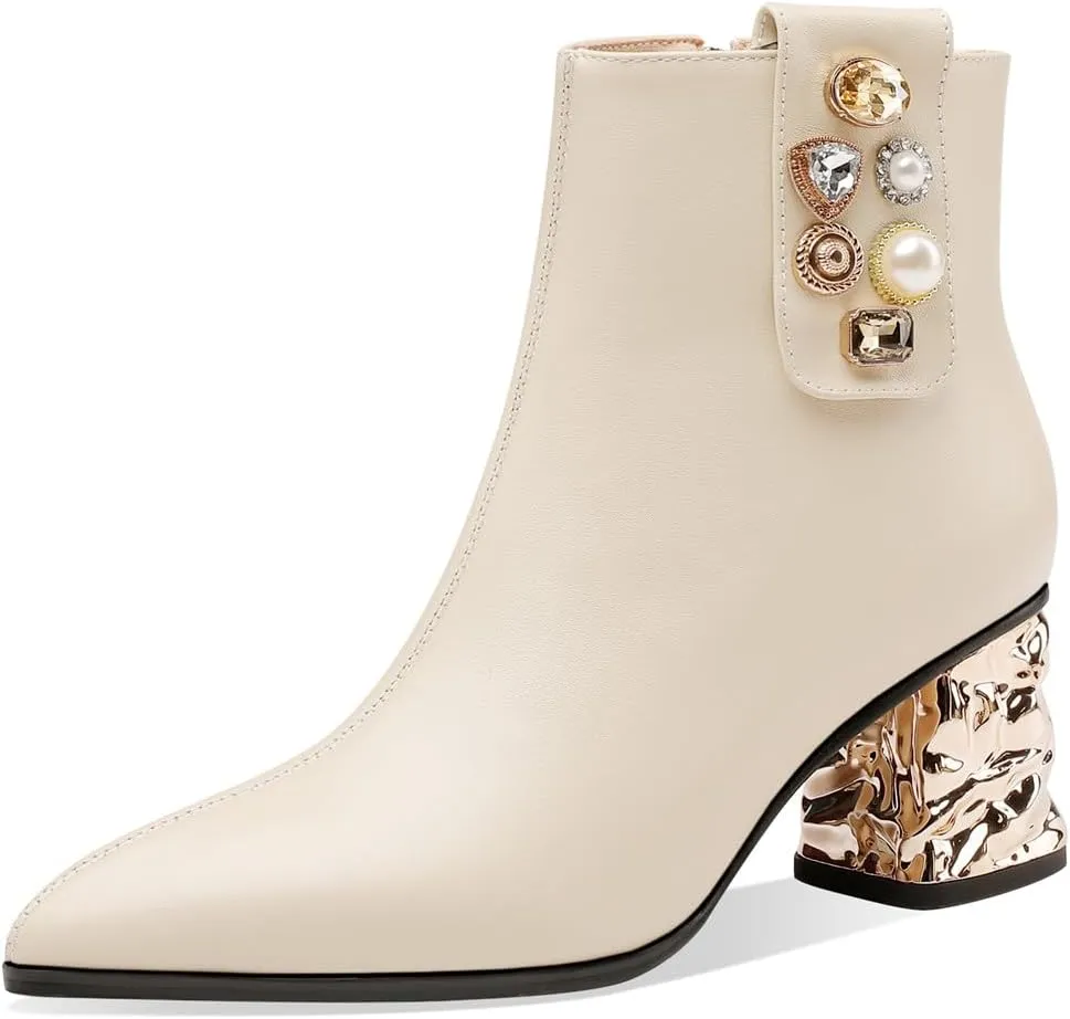 TinaCus Women's Pointed Toe Handmade Zipper Mid Chunky Heels Elegant Ankle Boots with Jewelry