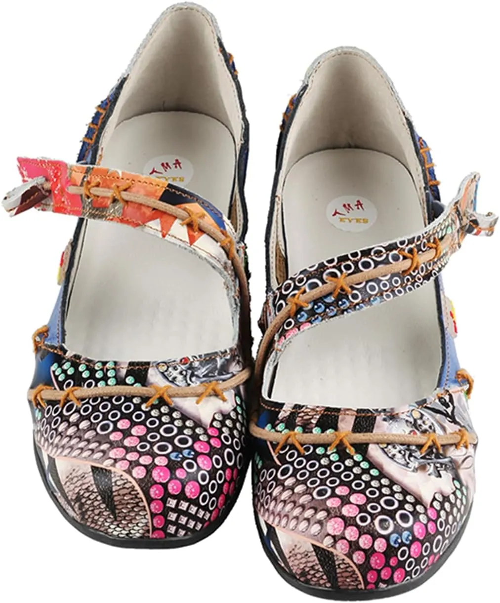 TMA EYES Women Leather Sandals Stylish Color-Block Flat Shoes Multicolor Stitching