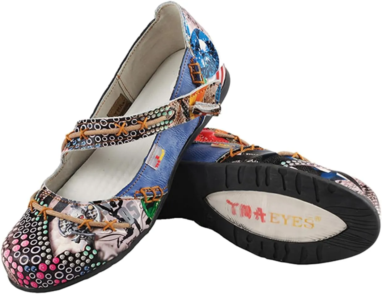 TMA EYES Women Leather Sandals Stylish Color-Block Flat Shoes Multicolor Stitching