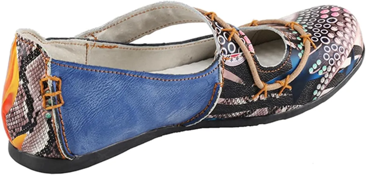 TMA EYES Women Leather Sandals Stylish Color-Block Flat Shoes Multicolor Stitching
