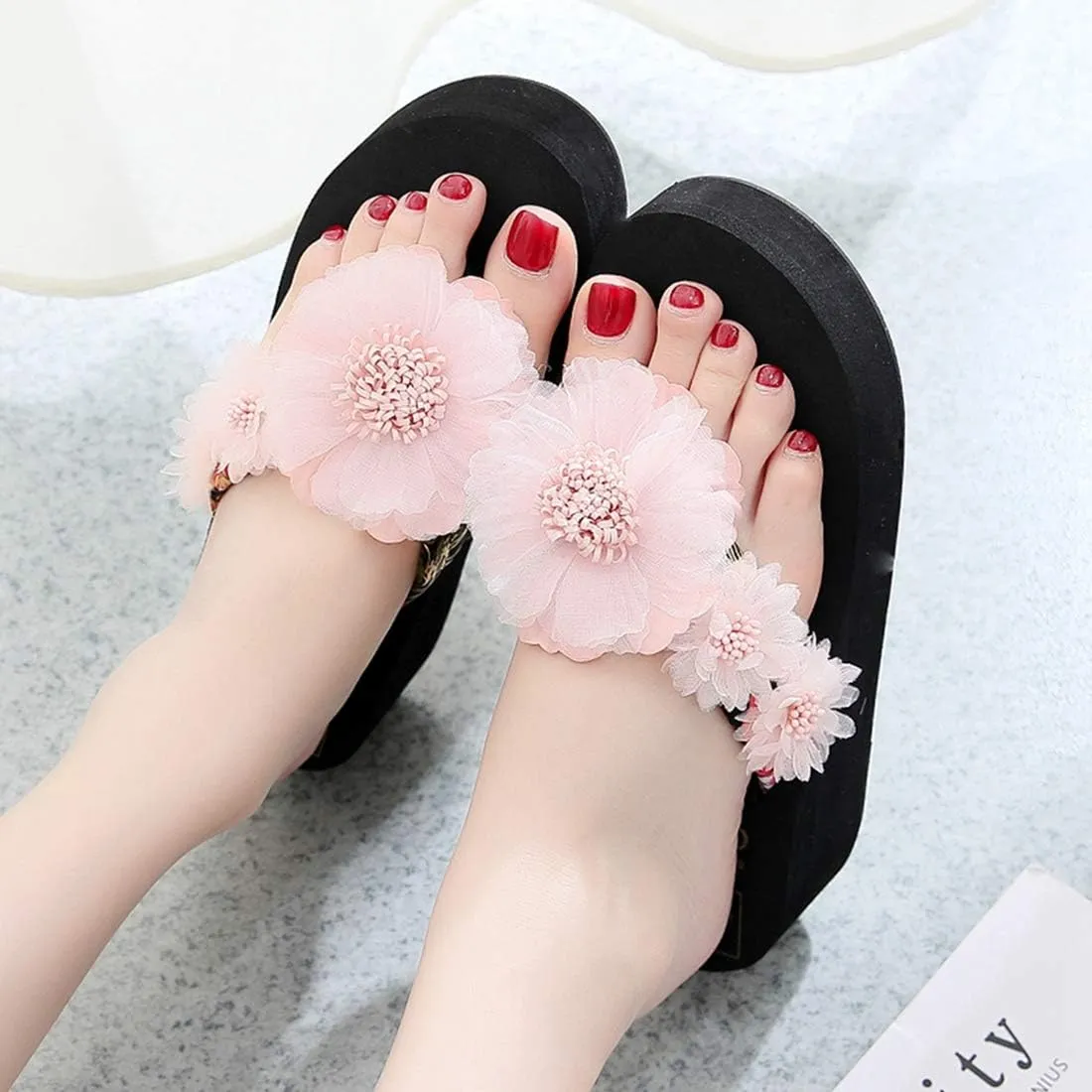 VOKLIN Women's Bohemian Flowers Wedge Flipflop Sandals Summer Nonslip Platform High Heel Beach Thong Sandal